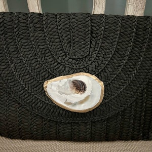 OYSTER STRAW Clutch/Crossbody / Free Shipping / Gold Rim Oyster Shell + Black Straw Clutch with Detachable Shoulder Strap / Beach Wedding
