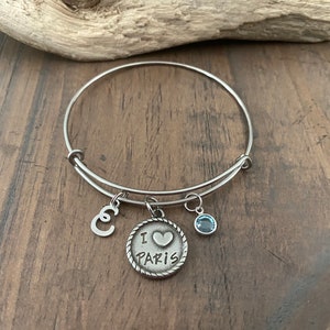 PARIS CHARM BRACELET / Stainless Steel Bangle / Round Stainless Steel I &quot;love&quot; Paris Charm / Stainless Steel Initial / Swarovski Birthstone