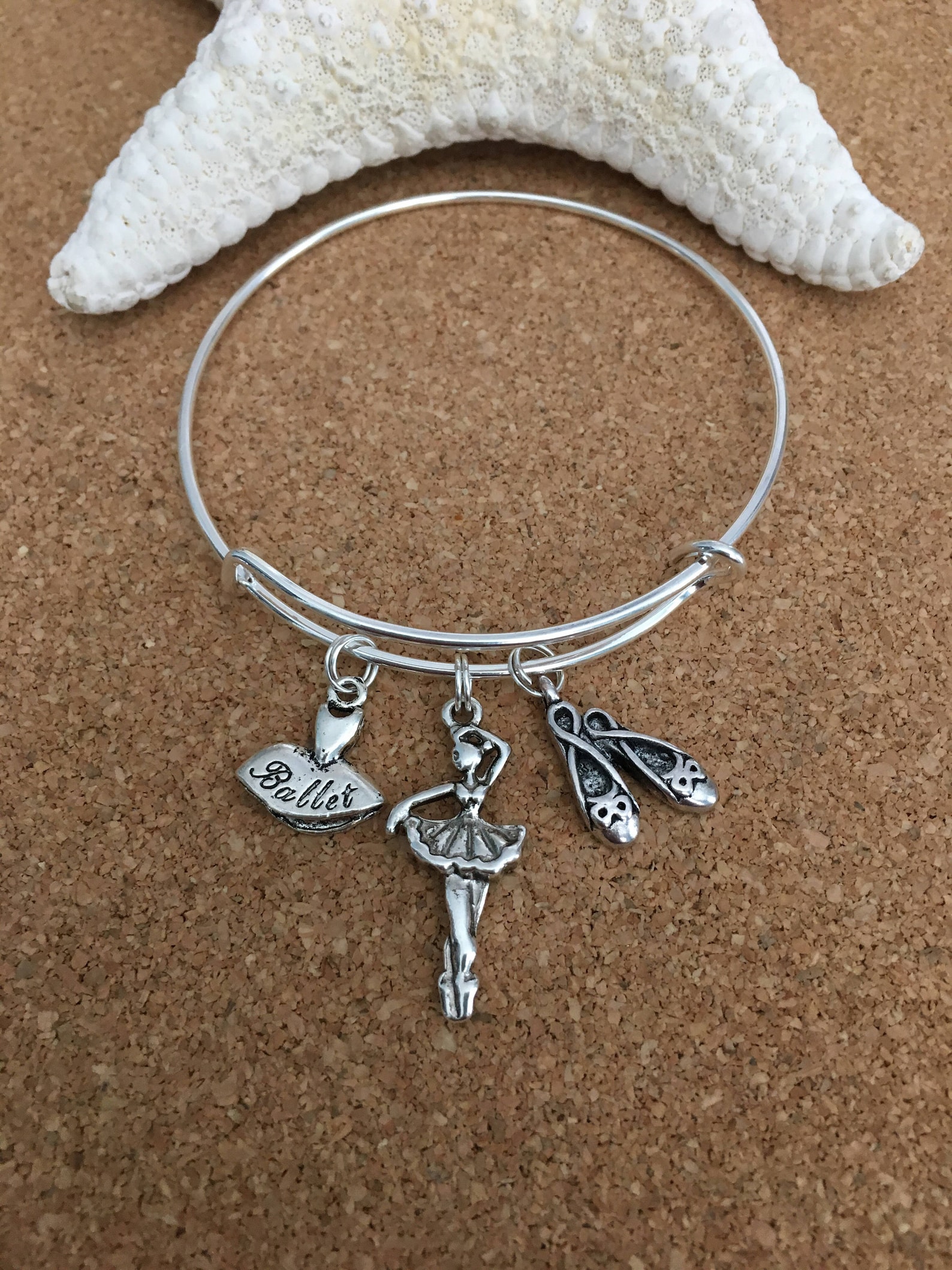 ballet charm bracelet, silver-plated bangle - ballet dress charm, ballerina charm, ballet shoes charm, choose girls or ladies, d