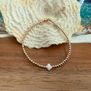 GOLD PEARL CROSS Bracelet / 2.5mm Gold Filled Round Beads + Dainty Mother of Pearl Clover Cross / Stacking Bracelet / Faith / Easter / Cross