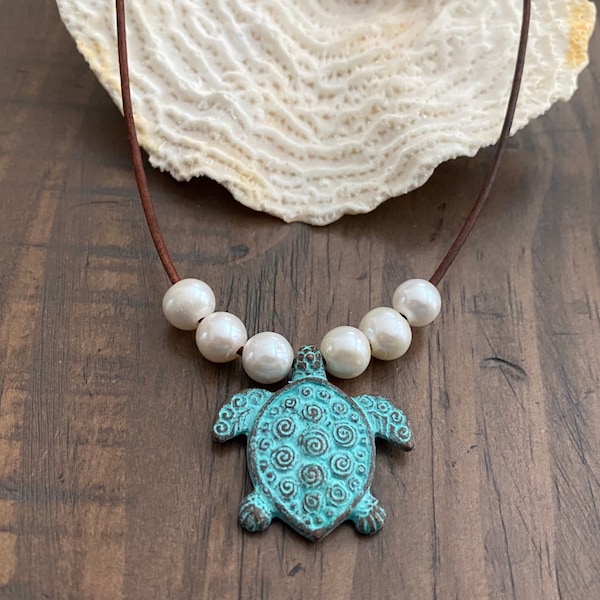 Verdigris Sea Turtle Necklace, Freshwater Pearl Leather Jewelry