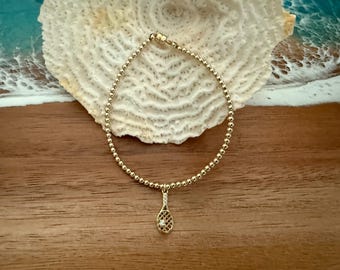 GOLD BEADED TENNIS Bracelet: Gold Filled Tennis Racquet Charm w/ Crystal + 14K Gold Filled Beads, Gold Stack Bracelet, Choose Bead Size