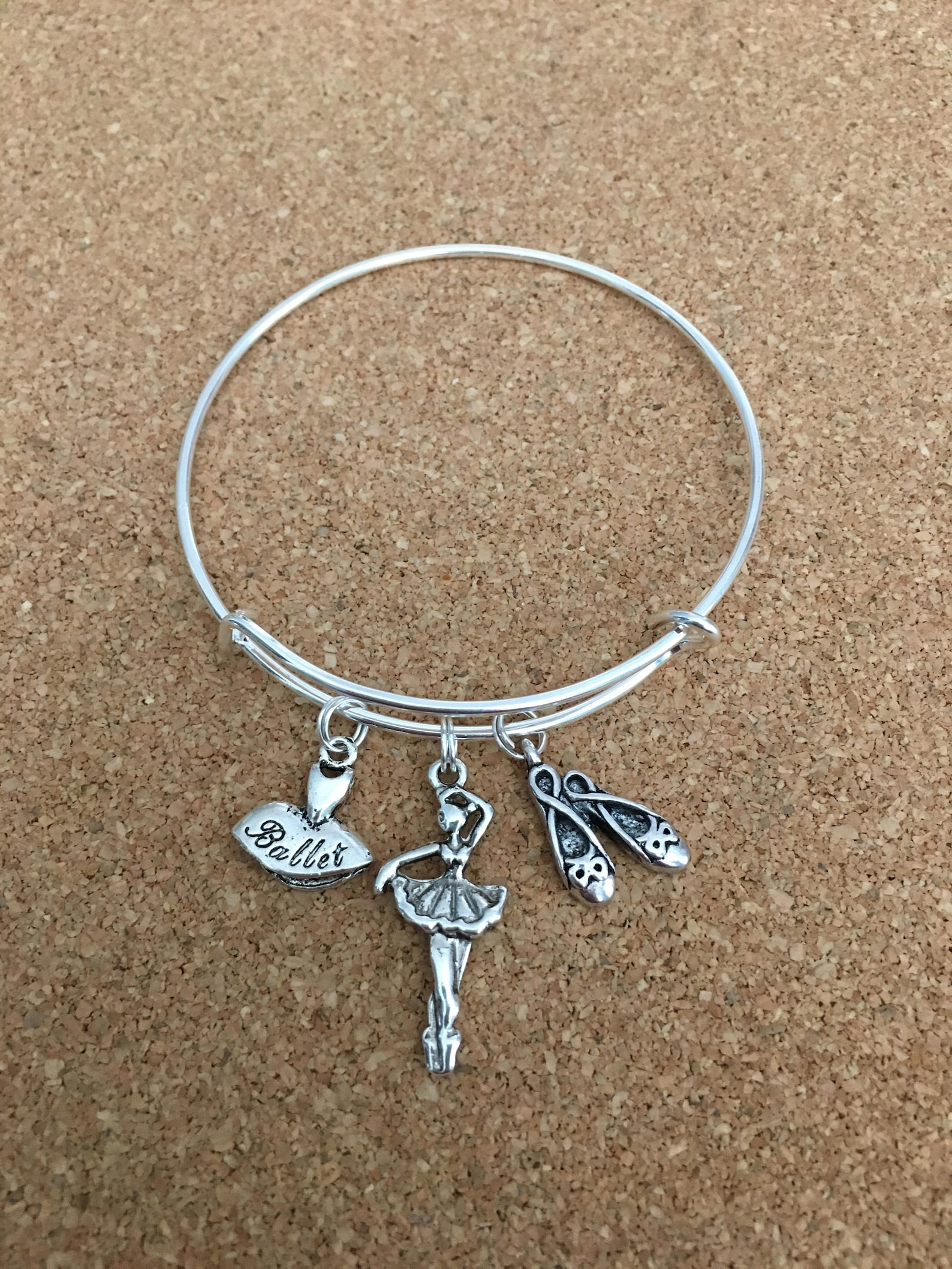 ballet charm bracelet, silver-plated bangle - ballet dress charm, ballerina charm, ballet shoes charm, choose girls or ladies, d