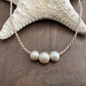 WATERPROOF PEARL NECKLACE / 3 Freshwater Pearls + Waterproof Twisted Satin Cord/ Choose Tan, Gray or Brown Cord / Trio Pearl Necklace