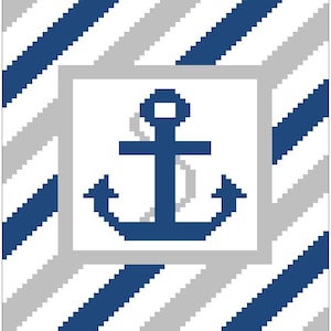 May include: A blue anchor in a white frame against a background of diagonal gray and blue stripes.