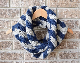 Navy and Grey Chevron Infinity Scarf, Crochet Circle Scarf, Crochet Chevron Cowl