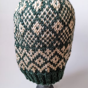 Green and Cream Fair Isle Beanie, Adult Sized, Hand Knit Beanie