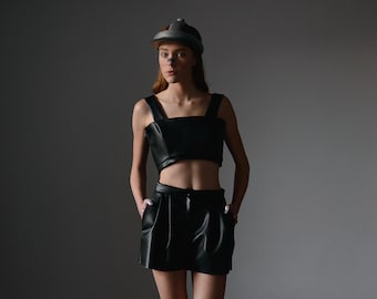 Black faux leather shorts - handmade black shorts - high waist - minimalist style - leather trousers - designers made - couture