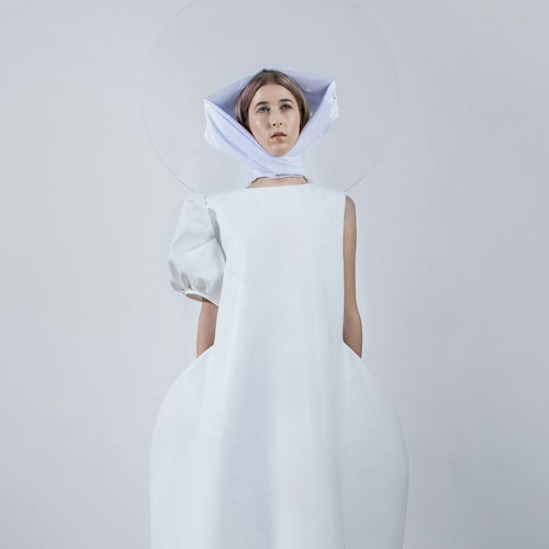 Bauhaus - Theater Clothing - One Sleeve Dress - Off-White Dress - Maxi Dress - Asymmetric Dress -  Floor Length Dress - Cold Shoulder Dress