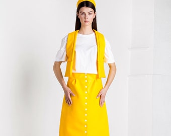 Two pieces outfit- Yellow blszer- Vegan leather blazer- Minimalist blazer- Skirt- Vest- Handmade pieces- Fashion look- Ready to wear