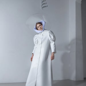 White concept coat Faux leather coat long coat Handmade coat performance coat wedding dress Minimal design Ruffled sleeves coat image 1