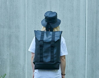 Faux leather backpack - Black minimal style backpack - Everyday backpack