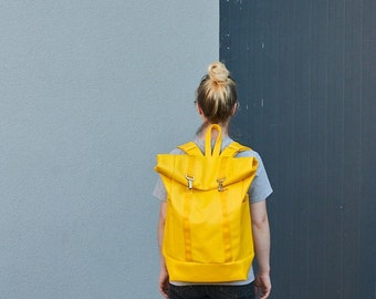 City cycling backpack for laptop / Roll top backpack / Waterproof backpack / Waterproof rucksack / Handmade backpack / Yellow backpack