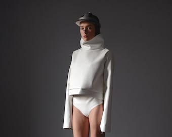 Unisex white sweatshirt - Oversize - faux leather top - Minimalist Clothing-  Simple Design - Turtleneck - Concept Fashion - Handmade Item