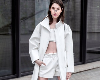 Coat- white coat- faux leather coat- oversize- unisex coat- whit pocket- large size - Minimalist design
