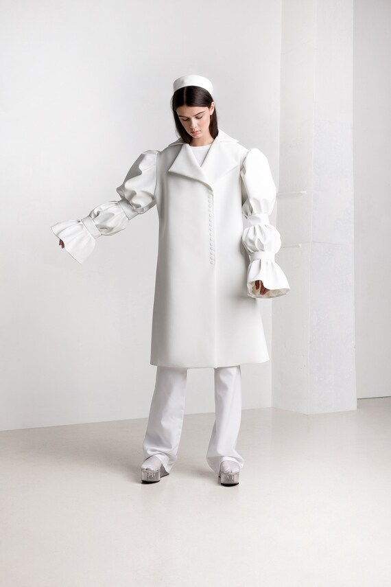 Handmade Faux Leather Midi Coat Dress: Runway Puffed Sleeve Coat - Etsy Handmade Faux Leather Midi Coat Dress: Runway Puffed Sleeve Coat - Etsy
