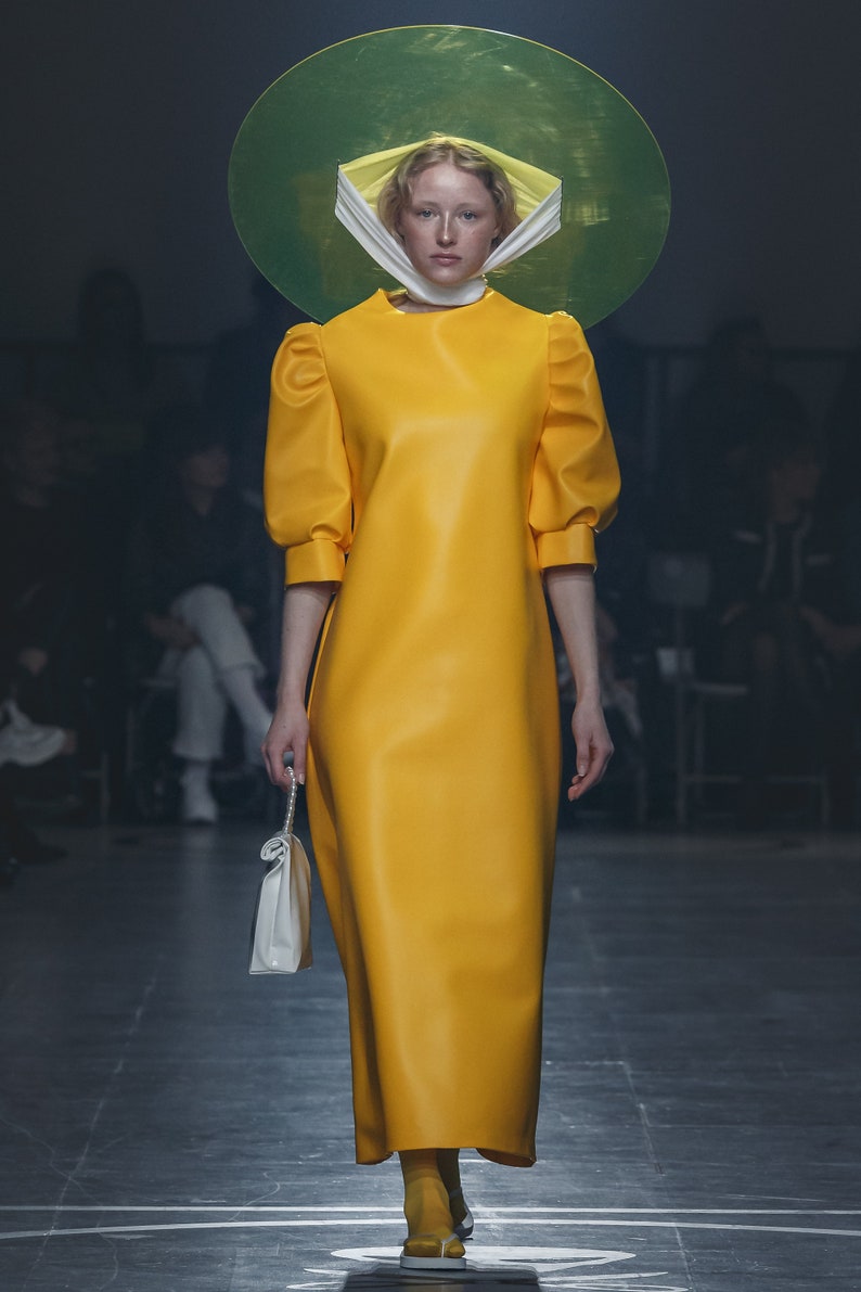 Yellow dress Faux leather yellow dress Basic items Concept dress Women dress Basic dress Minimal design Sustainable Fashion image 5