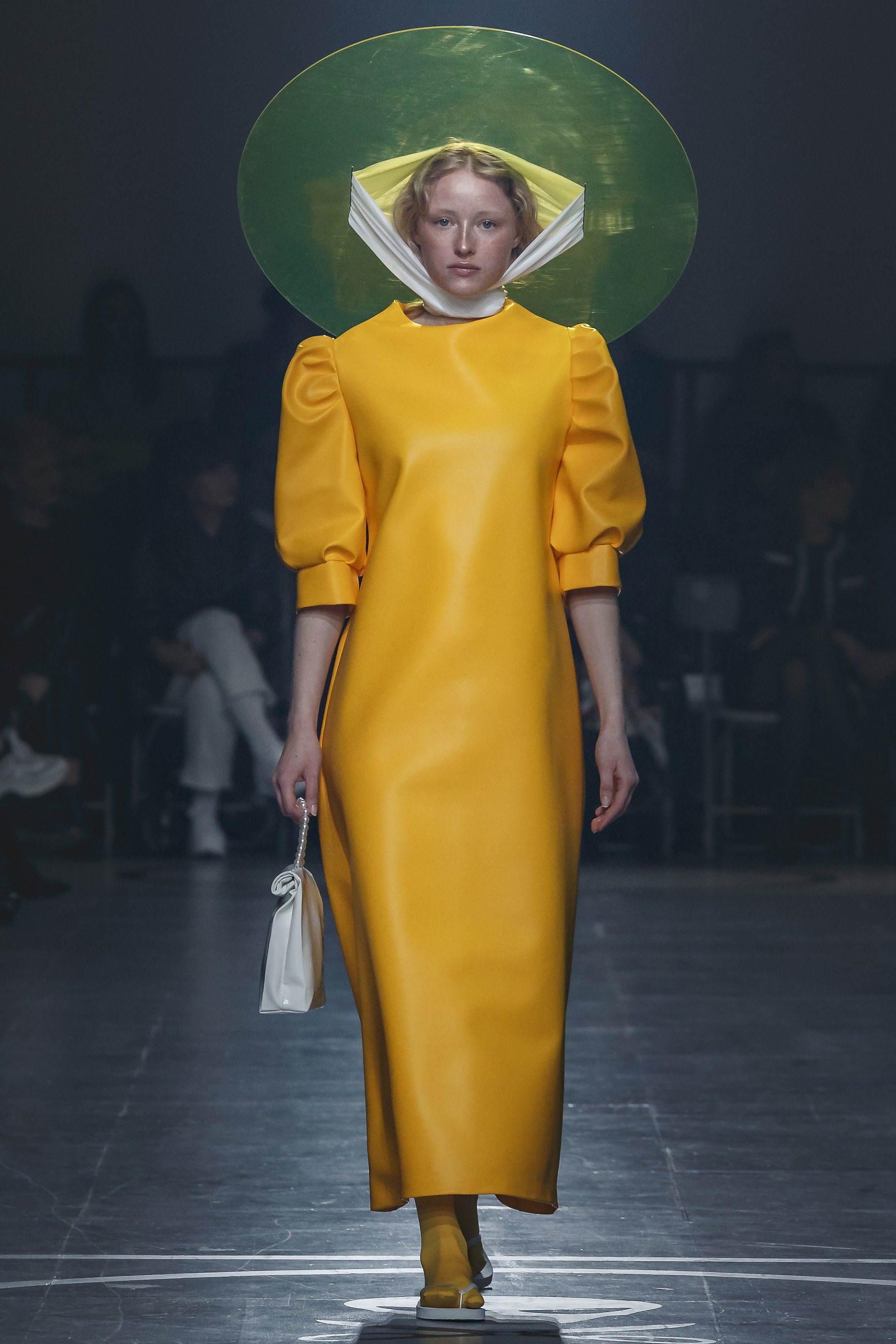 Handmade Yellow Faux Leather Maxi Dress: Minimalist Concept Design