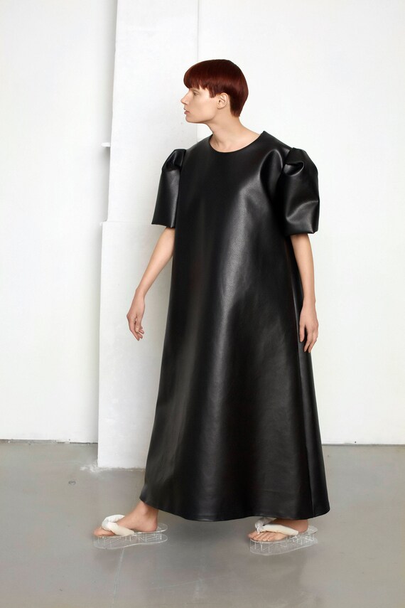 Faux Leather Maxi Dress: Bell-shaped, Short Sleeves - Etsy Israel