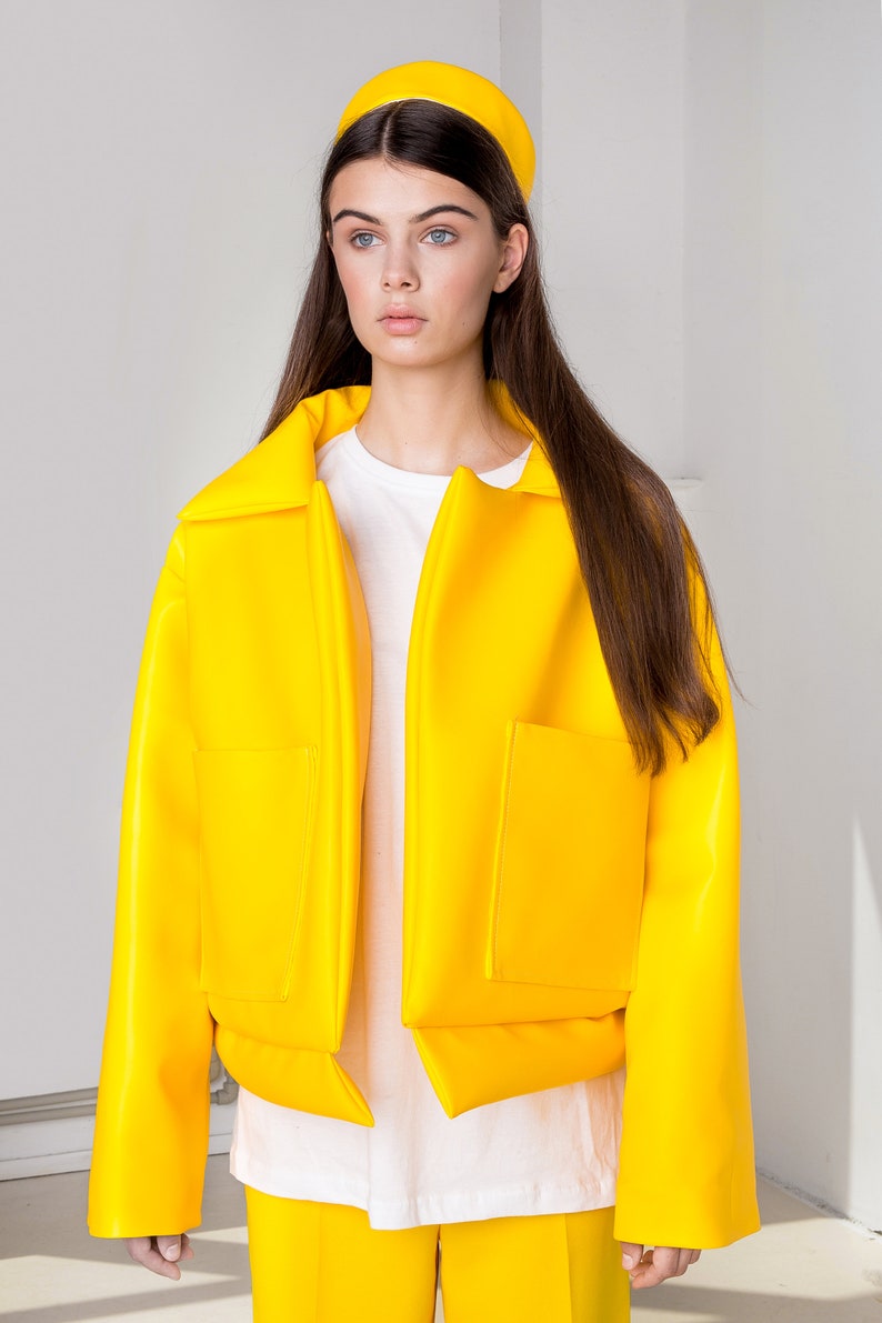 Yellow faux leather jacket puffer jacket Unisex jacket Padded jacket image 2