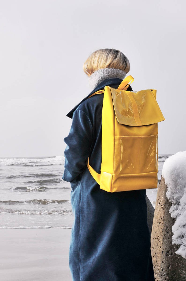 Yellow backpack/ Handmade Bag/ minimalist style/ Unisex backpack/ Faux leather bag/ Extraordinary bag image 2