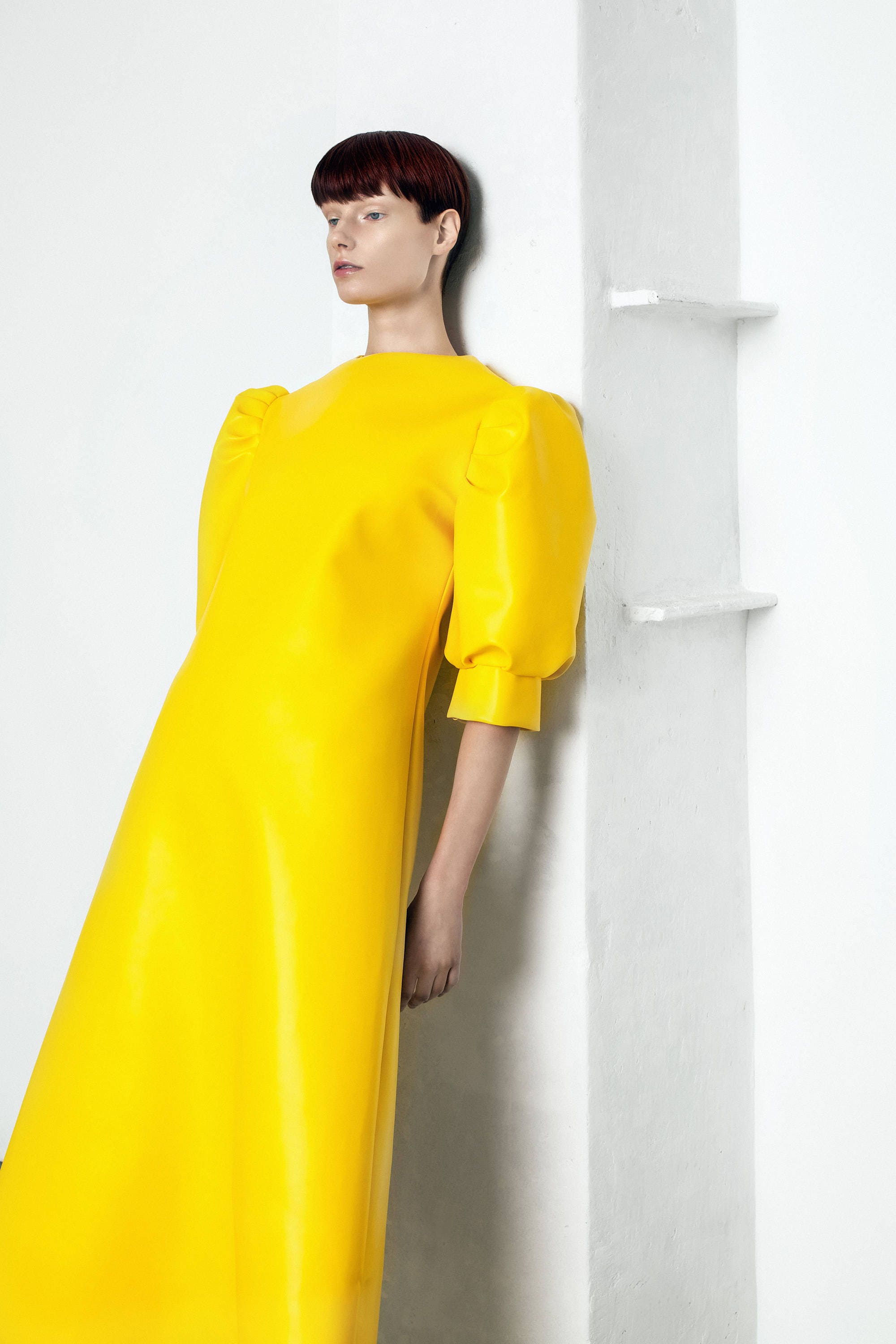 Handmade Yellow Faux Leather Maxi Dress: Minimalist Concept Design