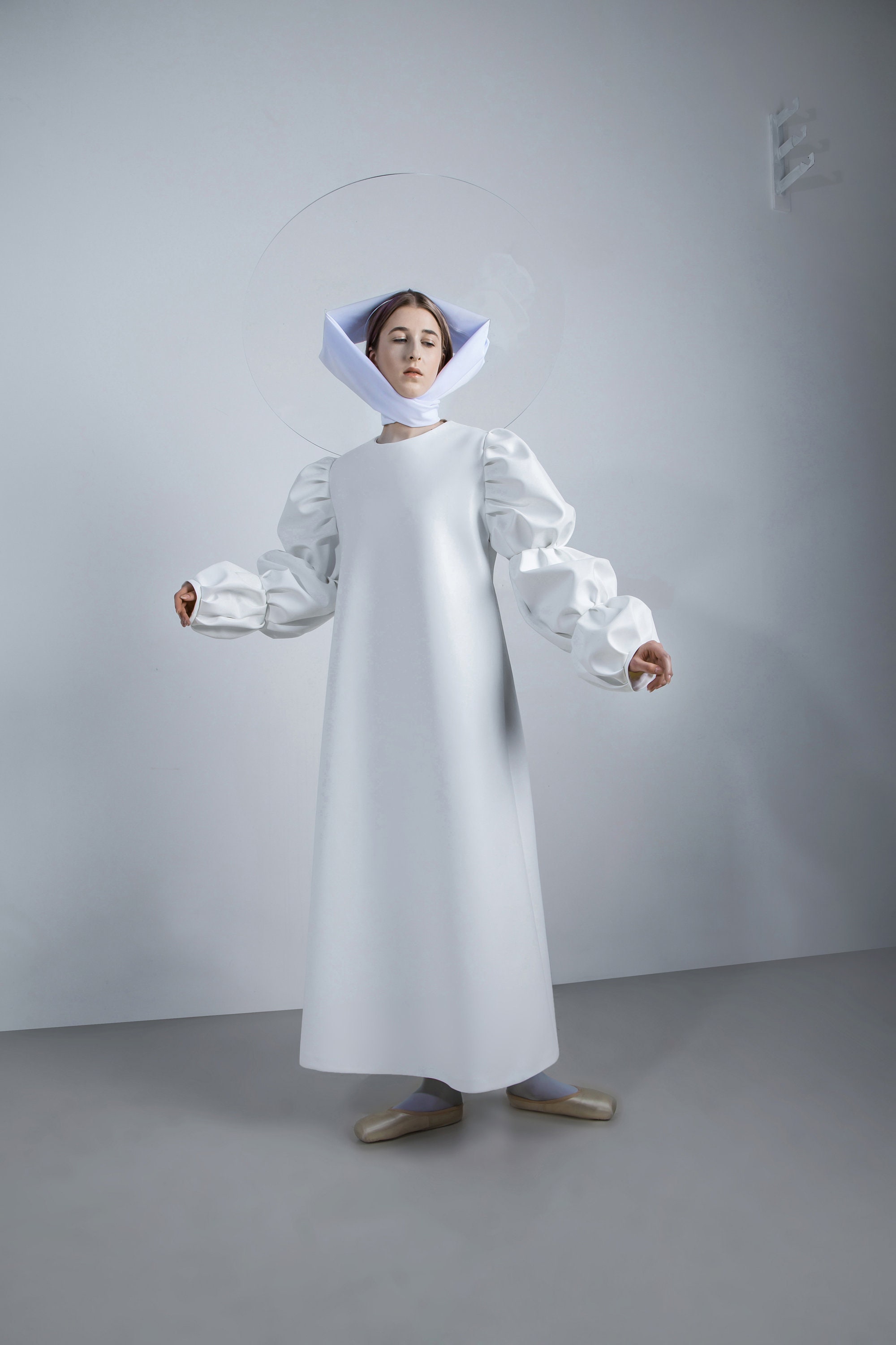 Geometric Faux Leather Dress Pleated Balloon Sleeves, Handmade
