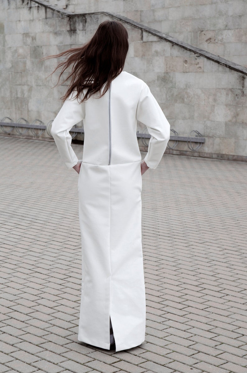 Women dress white faux leather dress long dress with pocket and long zipper designer dress medium size image 2