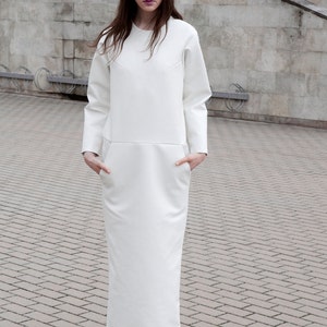 Women dress- white faux leather dress- long dress-  with pocket and long zipper- designer dress- medium size