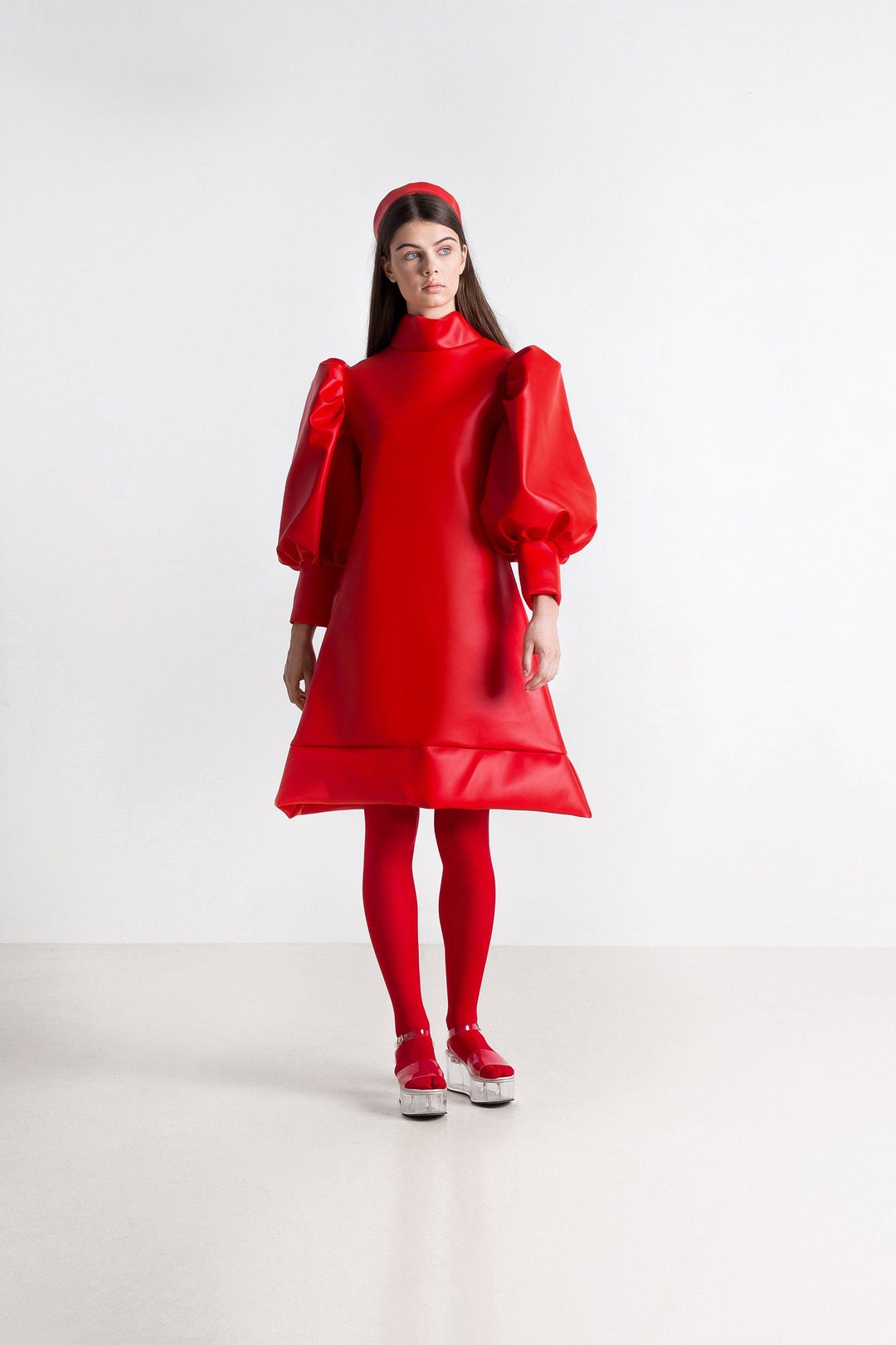 Red Faux Leather Dress Angel Form Dress Geometric Dress