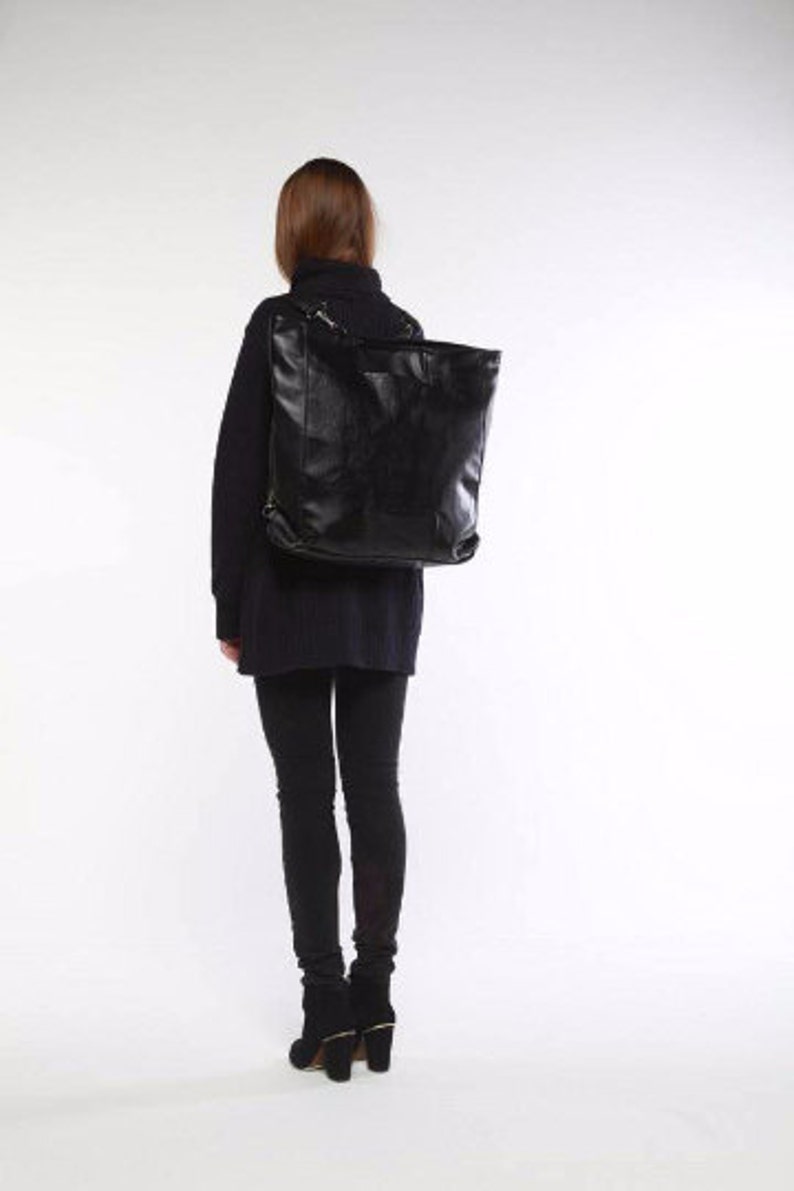 Black backpack purse black faux leather bag black purse with handles as clutch as backpack 2in1 image 2