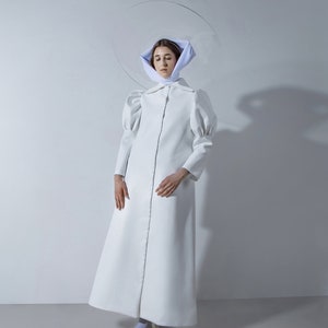 White concept coat Faux leather coat long coat Handmade coat performance coat wedding dress Minimal design Ruffled sleeves coat image 2