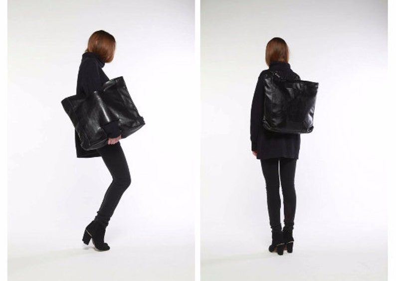 Black backpack purse black faux leather bag black purse with handles as clutch as backpack 2in1 image 3