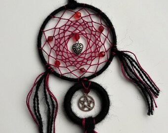 Small black and purple dream catcher decorated with red beads heart and pentacle charm gothic witch pagan wall decor for good dreams