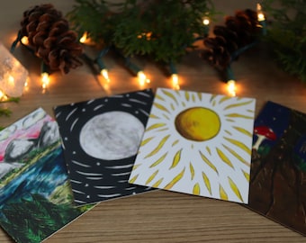 Post Card Art Prints | Set of 4 Art Prints | Sun and Moon Art | Toadstool | Mountain Oasis | Yule Gifts