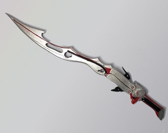 May include: A silver and red sword with a black handle and a complex design. The sword has a sharp point and a curved blade.