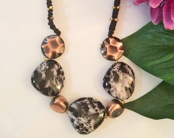 Black Grey Clay Focal Beads, Copper & Glass Beaded Cord Necklace