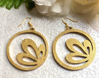 Gold Wooden Circle Flower Laser Cut Earrings