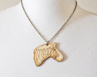 African Zebra Etched Wood Pendant Charm Necklace