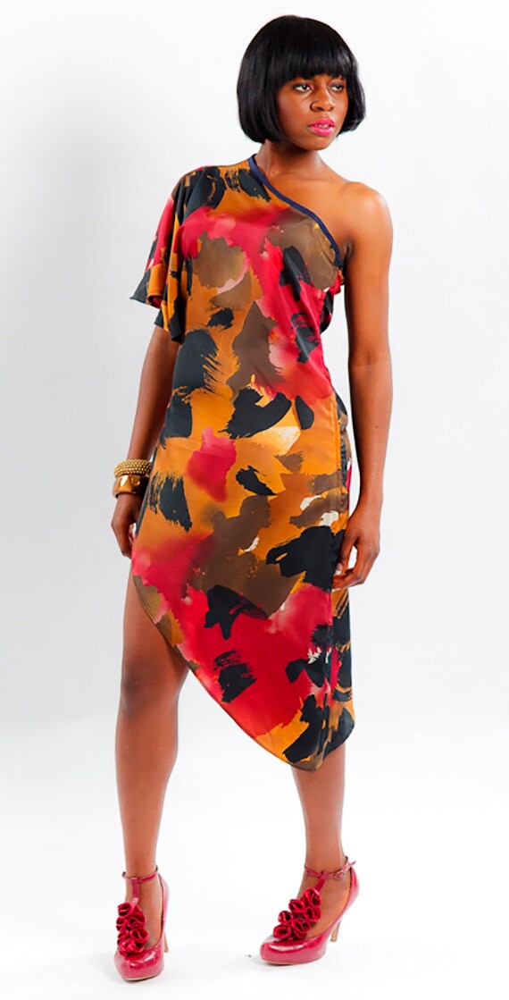 One Shoulder Asymmetric Red & Orange African Print Dress - Etsy