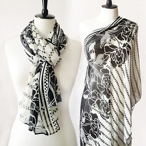 Black & White Monochrome Floral Print Chiffon Shawl Scarf