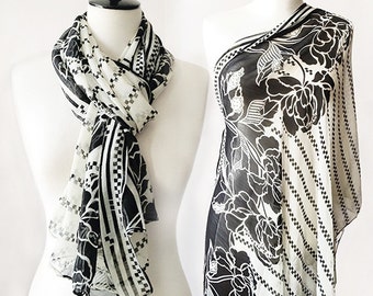 Black & White Monochrome Floral Print Chiffon Shawl Scarf