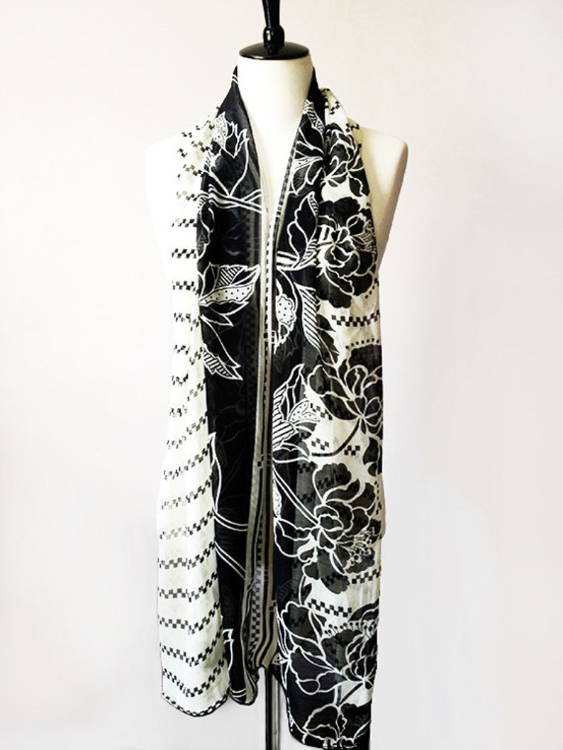 Black & White Monochrome Floral Print Chiffon Shawl Scarf | Etsy