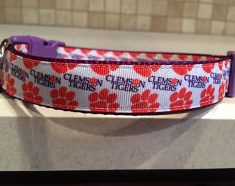 Clemson College Football Sports Team 1" M, L, XL  Dog Collar with Optional Matching Leash