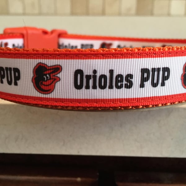 Baltimore Orioles Pup Baseball Sports Team Dog Collar 1" wide M, L, XL dog collar with optional matching leash