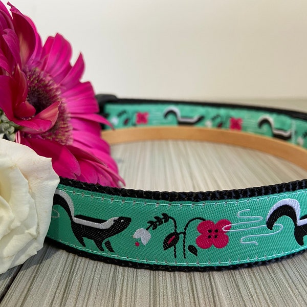 Skunk and Flower Pink Luxurious Jacquard Dog Collar M, L, XL  1" Wide with optional matching leash