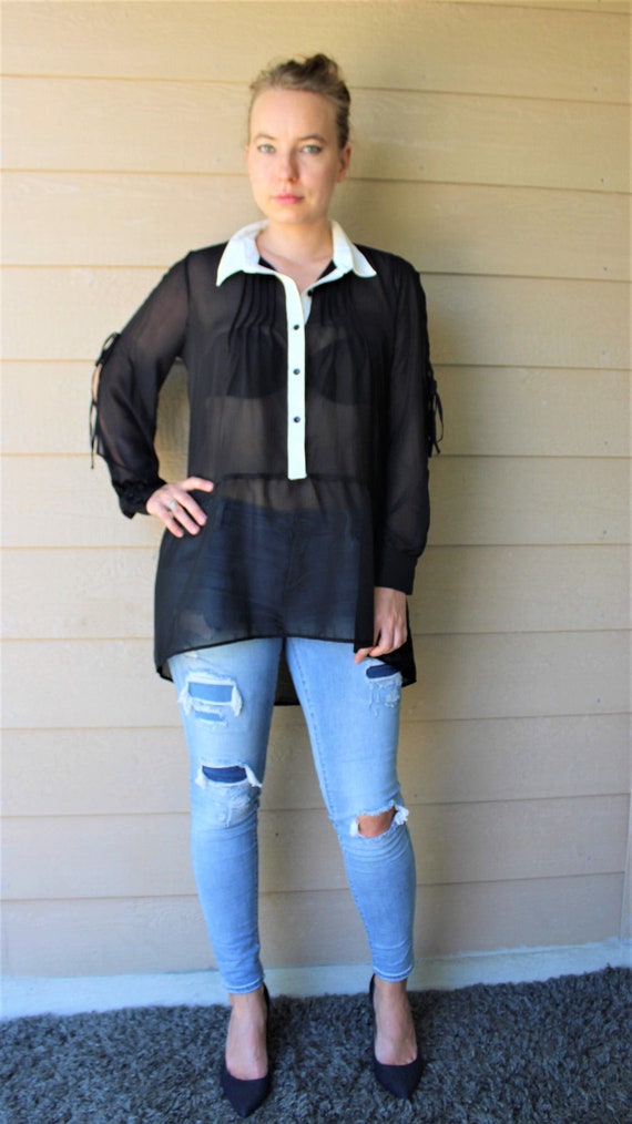 Black Chiffon Button-front Blouse 