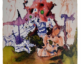 May include: A surrealist artwork on paper featuring a central red, ink-blot style structure with green and red spheres. It includes blue line drawings of figures, a horse, and two faint orange sketches of human forms. Signed Dali 1966.