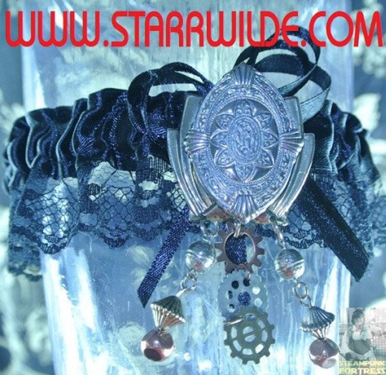 STARR WILDE STEAMPUNK Garter Arm Leg Wedding Red Black Removable Silver Gold Pin Brooch 2 Drops Beaded 1 Gear Drop Victorian Cyberpunk