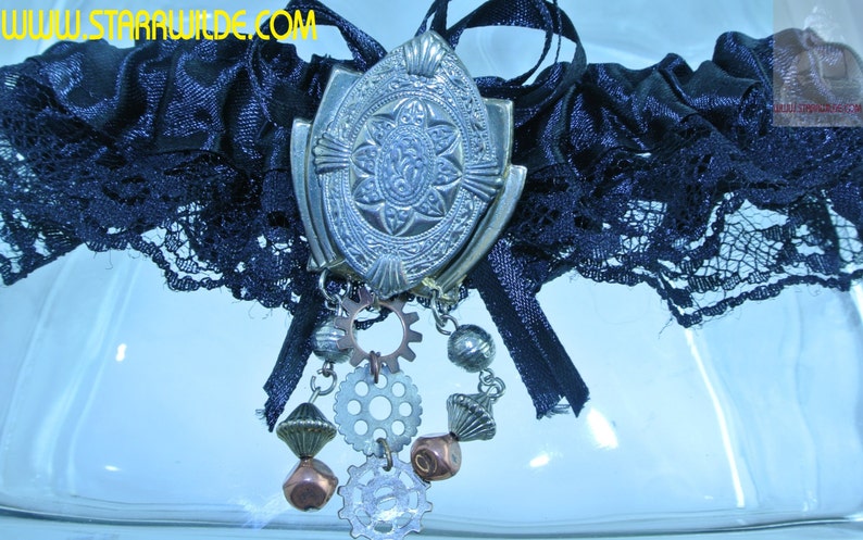 STARR WILDE STEAMPUNK Garter Arm Leg Wedding Red Black Removable Silver Gold Pin Brooch 2 Drops Beaded 1 Gear Drop Victorian Cyberpunk